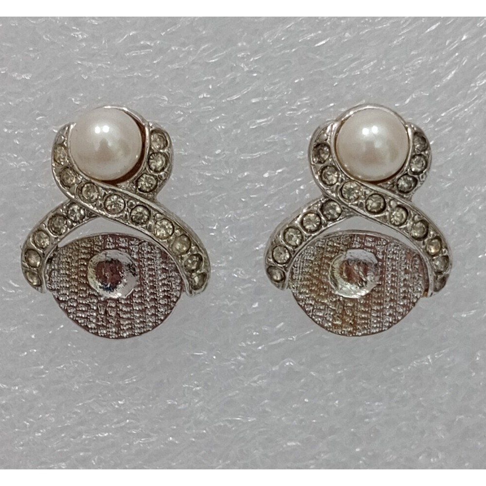Vintage Marvella Faux Pearl Rhinestone Silver Tone Swirl‎ Earrings